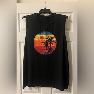 SHEIN Black Muscle Tee with Sunset Palm Design